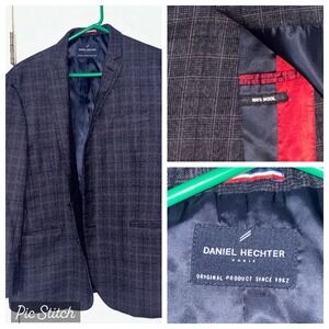 Daniel Hechter Paris Plaid Blazer Men 46R‎ Sport Coat Gray W/thin Pink 100% Wool